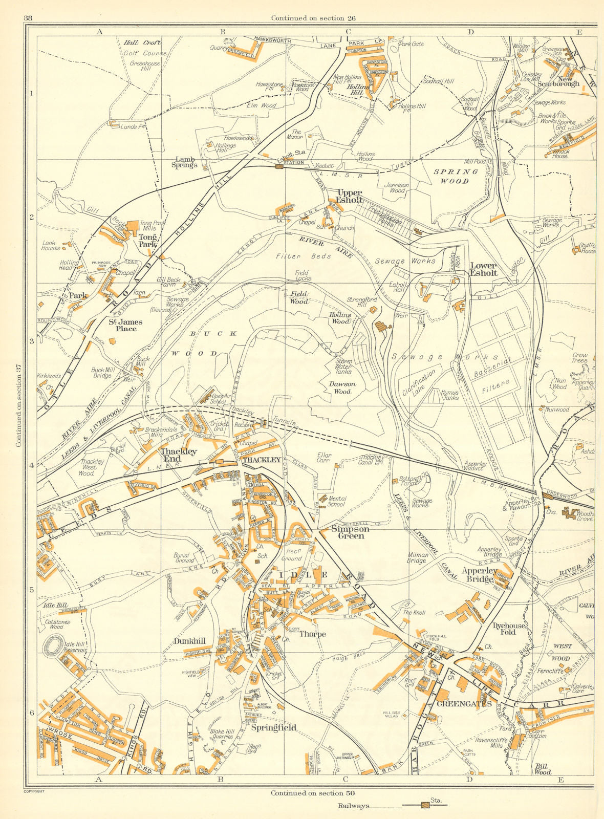 YORKSHIRE Simpson Green Thorpe Dunkhill Thackley Esholt Idle Greengates 1935 map